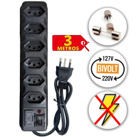 Filtro de linha 6 tomadas com fusível 3 metros chave e led preto bivolt