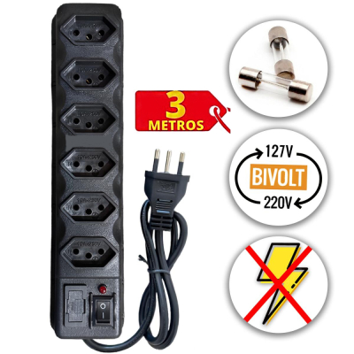 Filtro de linha 6 tomadas com fusível 3 metros chave e led preto bivolt