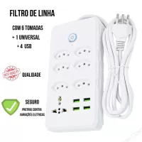 Régua Filtro de Linha com 7 Tomadas Extensão Elétrica 1 Universal 4 USB Bivolt Cabo de 2 Metros