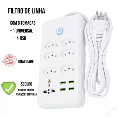 Régua Filtro de Linha com 7 Tomadas Extensão Elétrica 1 Universal 4 USB Bivolt Cabo de 2 Metros