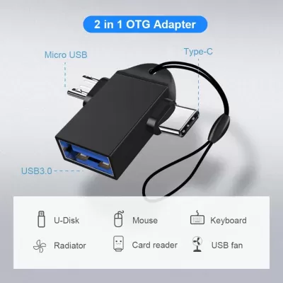 Adaptador 2 em 1 Tipo-C para Micro USB OTG, Carregamento Rápido e Transferência de Dados