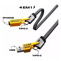 Cabo Flat Turbo 4 em 1 Type-C   USB-A   Type-C   IOS 65W / 27W PD 1.20m Reforçado