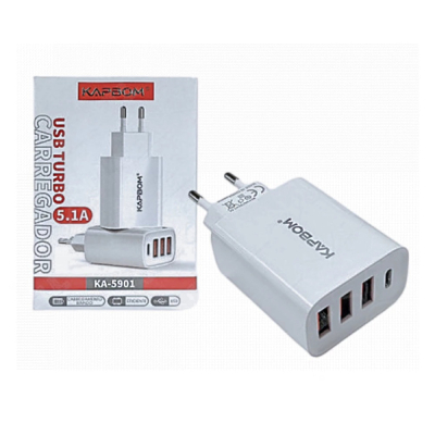 Fonte carregador Turbo 5.1A com 03 Portas USB mais 01 Porta Tipo C