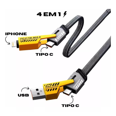Cabo Flat Turbo 4 em 1 Type-C   USB-A   Type-C   IOS 65W / 27W PD 1.20m Reforçado